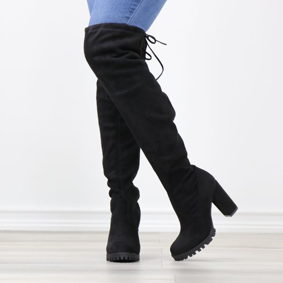 Black Faux Suede Round Toe Thigh High Over The Knee Block Lug High Heel Boots - Picture 11 of 13